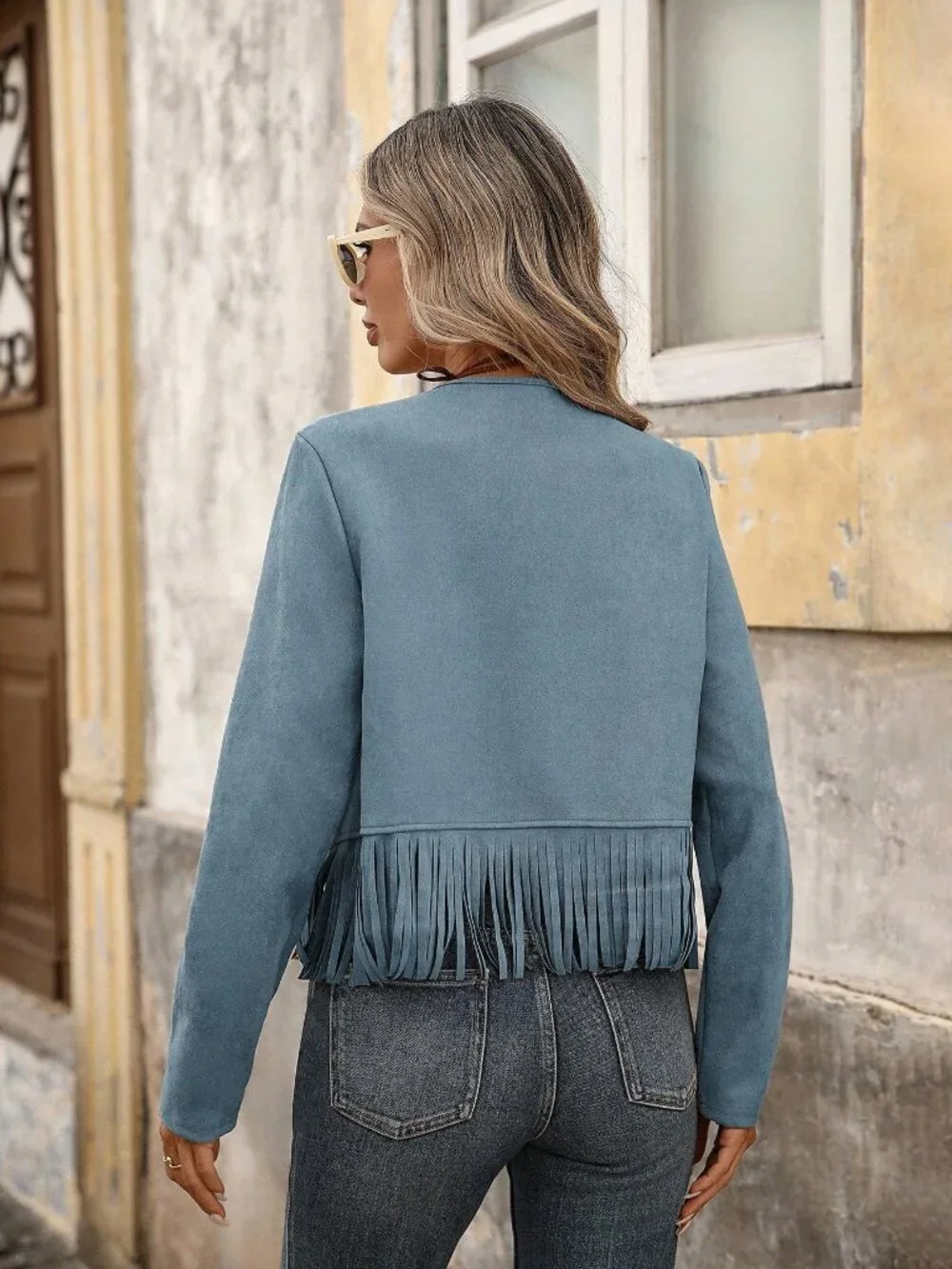 Blue Casual Women's Fringe Trim Open Front suede like Jacket - Picture 2 of 7